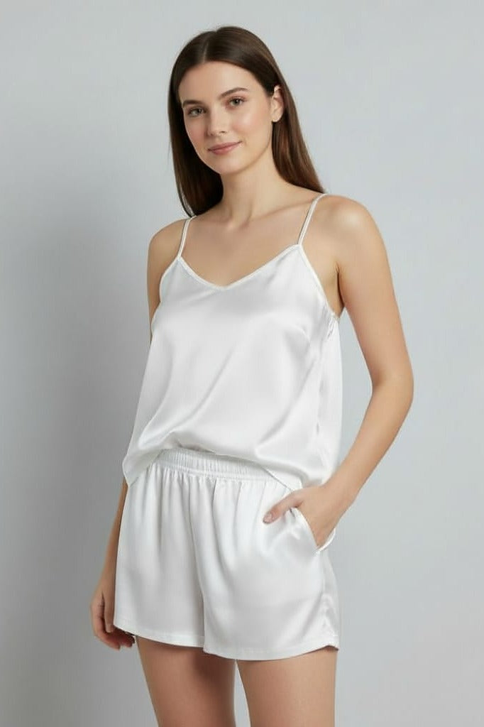 100% pure silk White Camisole & Shorts