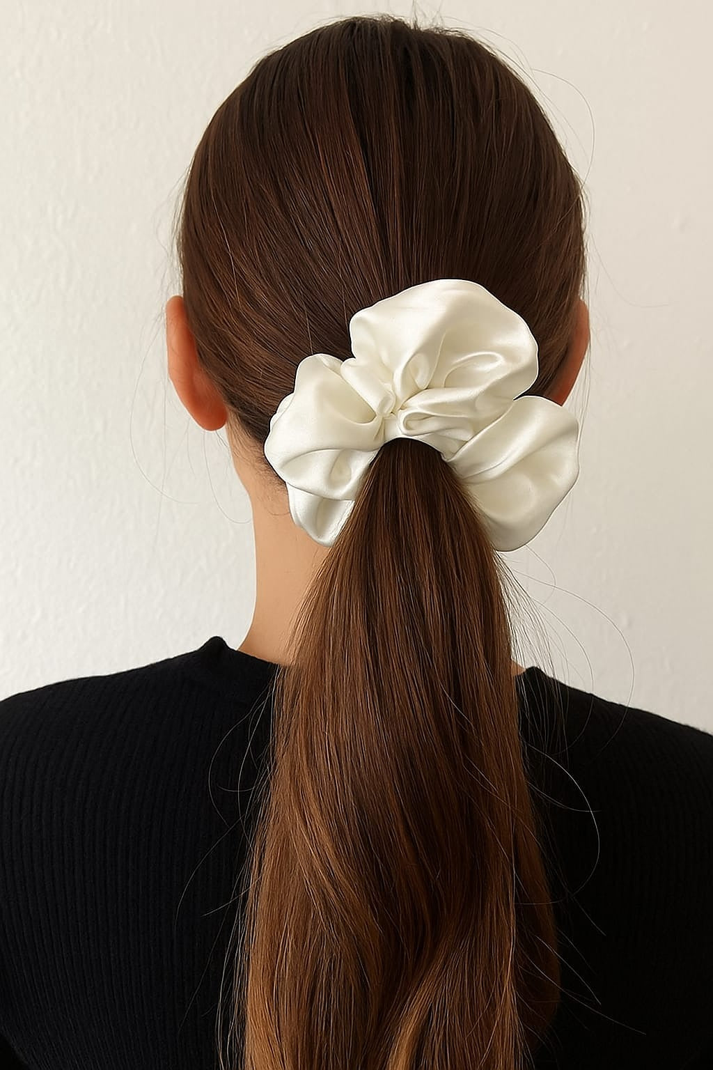 White Satin Scrunchie – Glossy Hair Tie